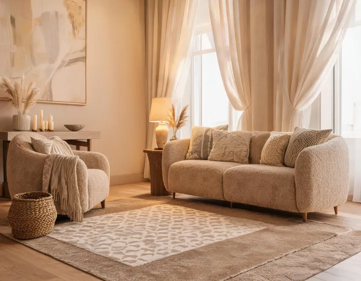 Hospitality lounge with layered area rug
