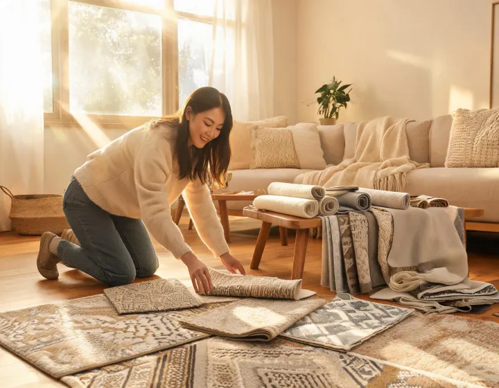Styled family room with rug samples