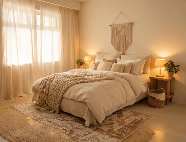 Bedroom layered textiles idea